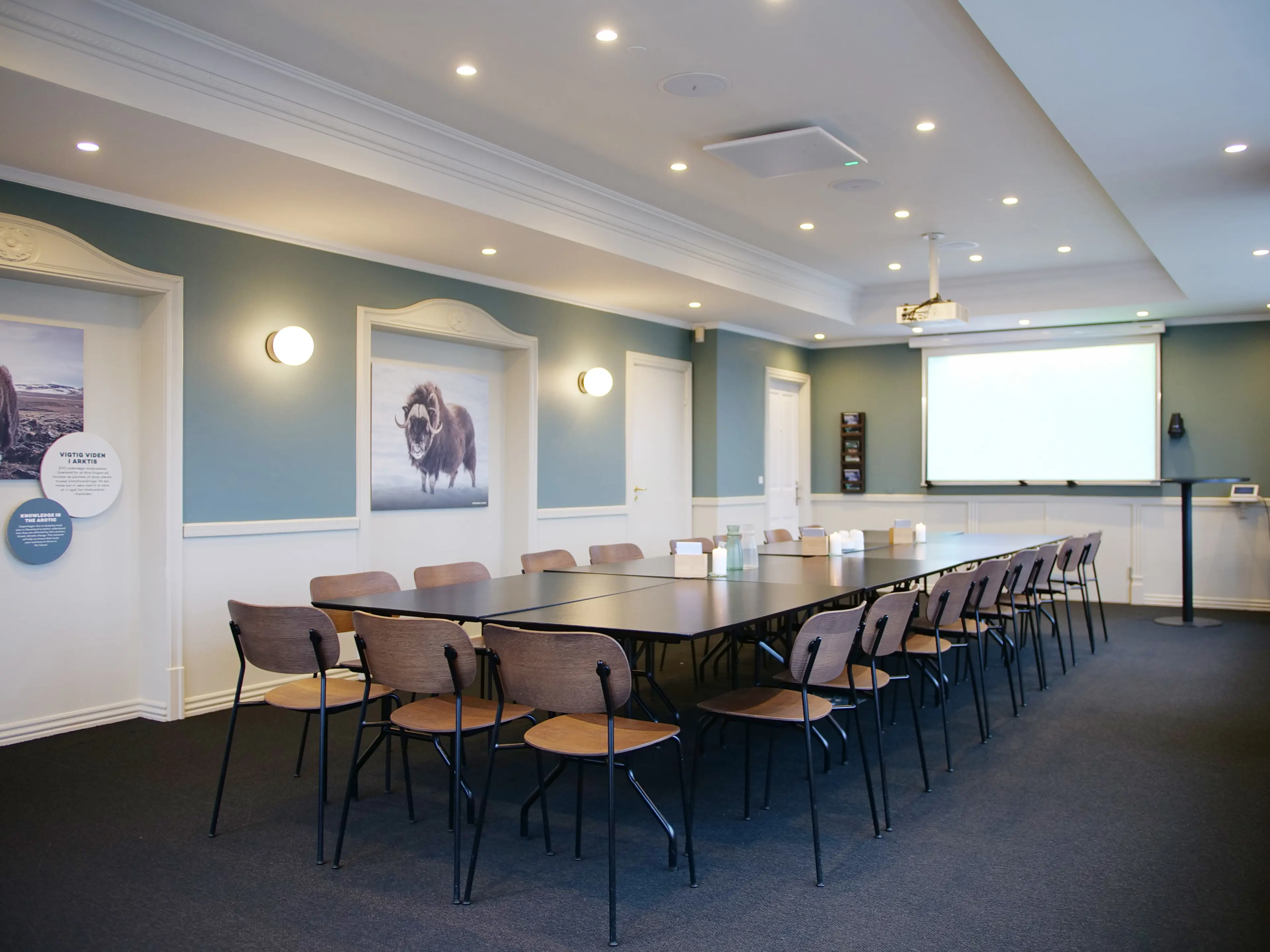 Opstillet mødelokale i Kjærbøllingshus på Zoologisk Have med borde og stole til møde